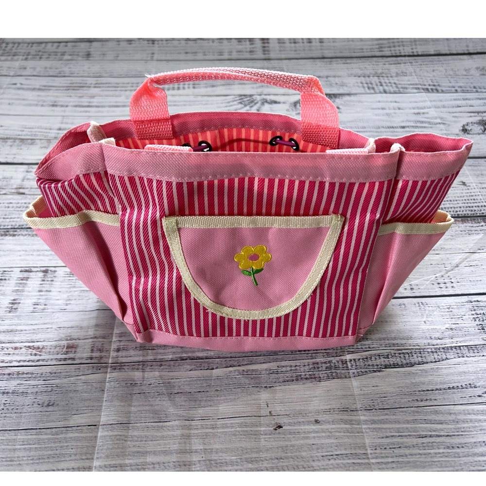 Garden Tote Bag Embroidered Flowers Pink Multi Pockets Tool Organizer